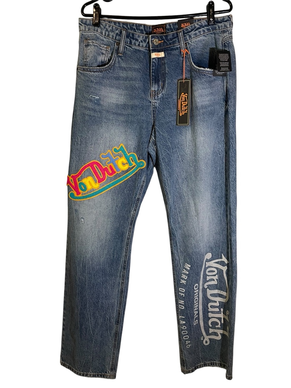 New Von Dutch Blue Denim Jeans Straight Wide Leg Logos Patches Women’s 30 NWT
